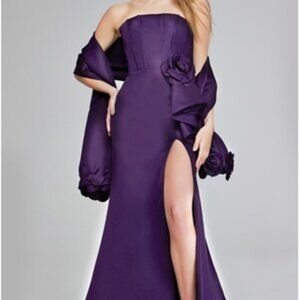 Sophisticated Eggplant Strapless Gown with Corset top, Slit and shawl